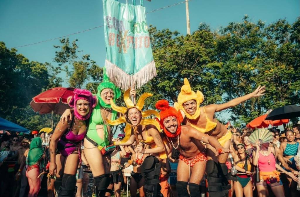 Cinco pessoas fantasiadas sorriem para a c&acirc;mera em um bloco de carnaval. Da esquerda para a direita: uma mulher de fantasia rosa, uma pessoa de verde, uma mulher de amarelo com chap&eacute;u de sol, um homem de laranja e um homem de amarelo. Ao fundo, uma faixa azul-clara e &aacute;rvores