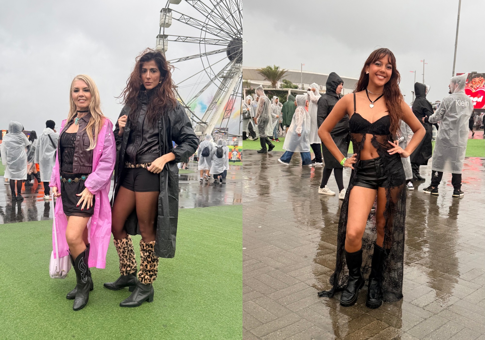 Três mulheres sorridentes em um festival de música sob chuva. À esquerda, duas mulheres em capas de chuva, uma rosa e outra preta, com uma roda-gigante ao fundo. À direita, uma mulher de top e shorts pretos, com uma saia de renda transparente, posa em uma área molhada com outras pessoas de capas de chuva ao redor