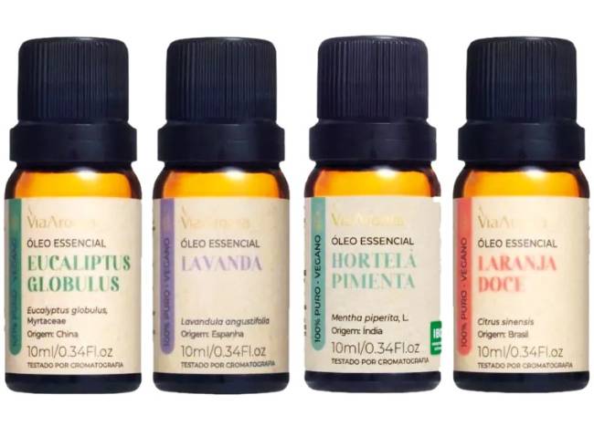 R$ 73,44 Kit com &oacute;leos essenciais. Via Aroma, viaaromaloja.com.br.