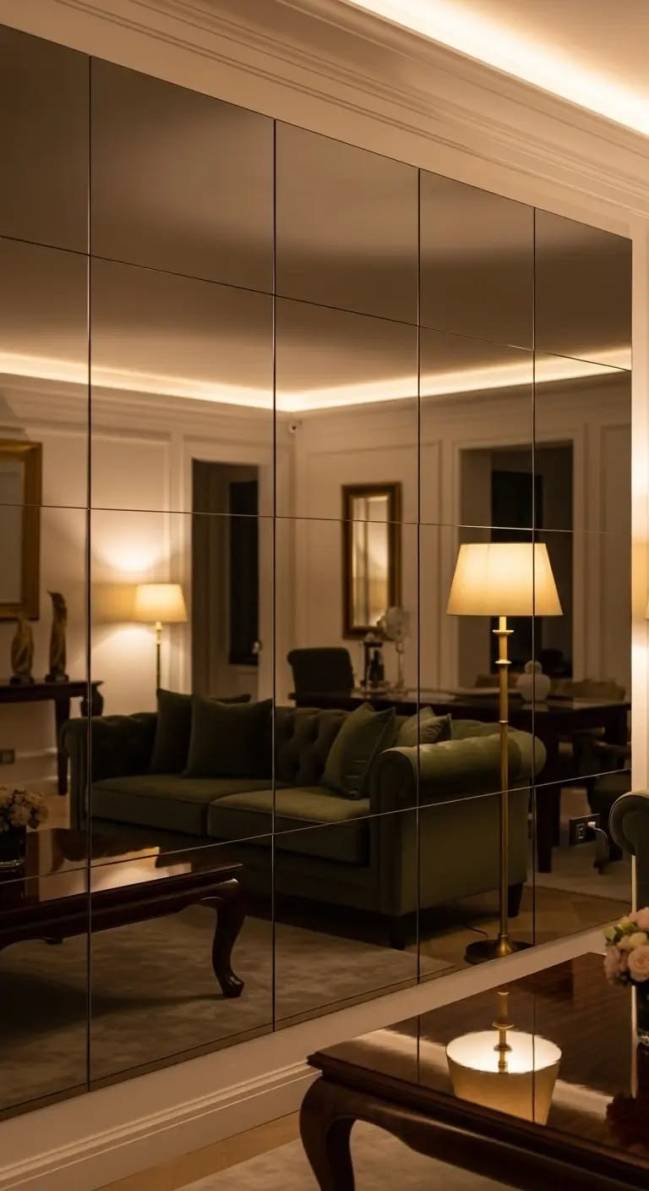 Espelho de parede com divis&otilde;es retangulares refletindo uma sala de estar com sof&aacute; verde, abajures acesos e mesa de centro escura, criando uma atmosfera aconchegante